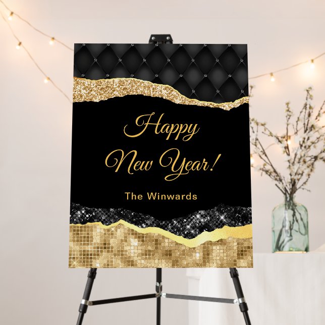 Black and Gold Glam Tears Happy New Year Foam Board (In Situ (Stand))