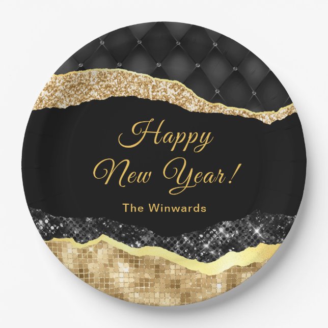Black and Gold Glam Tears Happy New Year Paper Plates (Front)