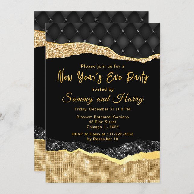 Black and Gold Glam Tears New Year's Eve Party Invitation (Front/Back)