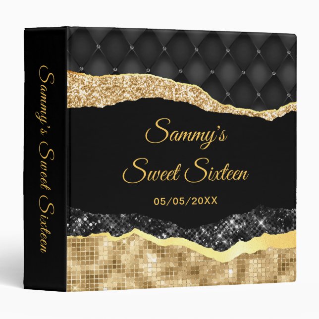 Black and Gold Glam Tears Sweet Sixteen 3 Ring Binder (Front/Spine)