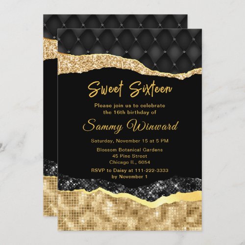 Black and Gold Glam Tears Sweet Sixteen Invitation