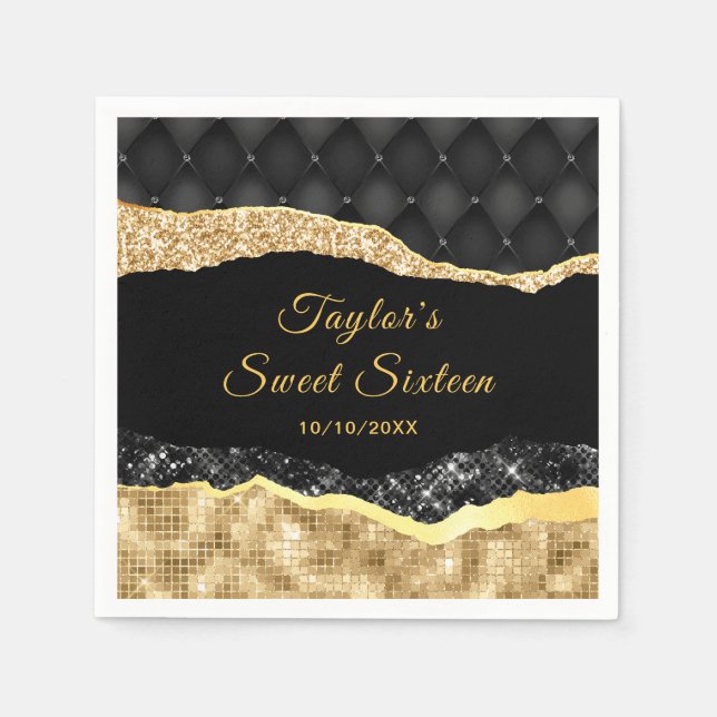 Black and Gold Glam Tears Sweet Sixteen Napkins (Front)