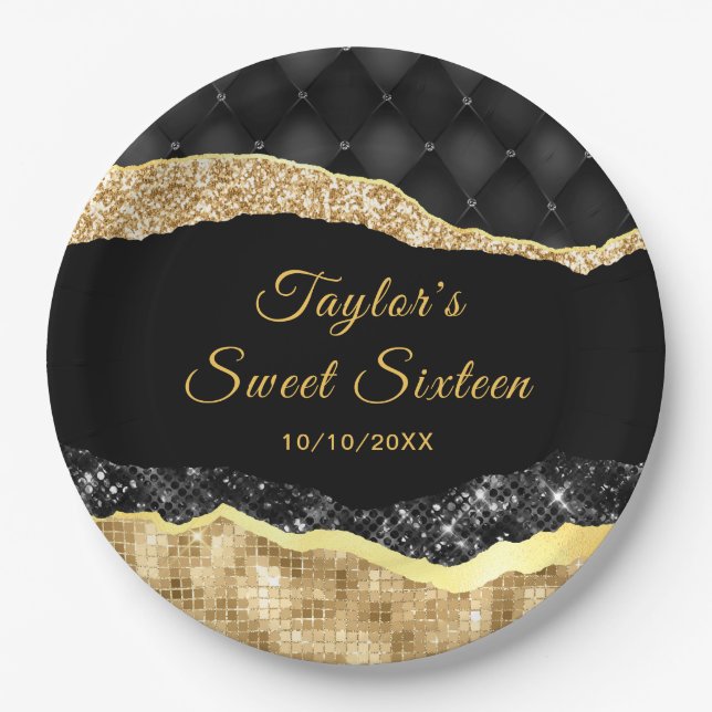 Black and Gold Glam Tears Sweet Sixteen Paper Plates (Front)
