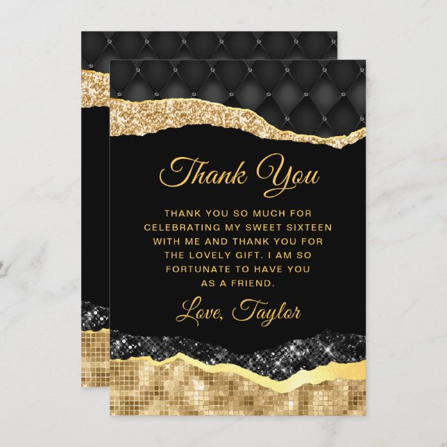 Black and Gold Glam Tears Sweet Sixteen Thank You Card (Front/Back)