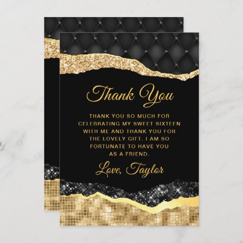 Black and Gold Glam Tears Sweet Sixteen Thank You Card