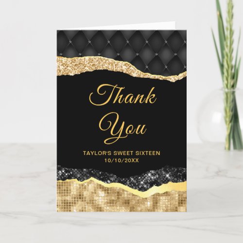 Black and Gold Glam Tears Sweet Sixteen Thank You Card