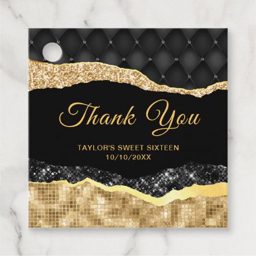 Black and Gold Glam Tears Sweet Sixteen Thank You Favor Tags