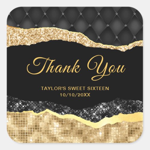 Black and Gold Glam Tears Sweet Sixteen Thank You Square Sticker