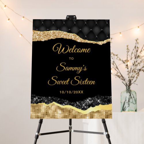 Black and Gold Glam Tears Sweet Sixteen Welcome Foam Board