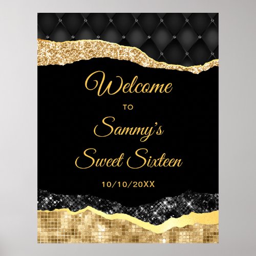 Black and Gold Glam Tears Sweet Sixteen Welcome Poster