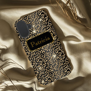 Black and Gold glamorous lepard glitter print iPhone 16 Plus Case