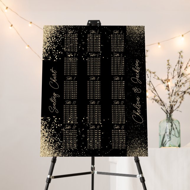 Black and Gold Glitter - 15 Seating Chart Foam Board (In Situ (Stand))