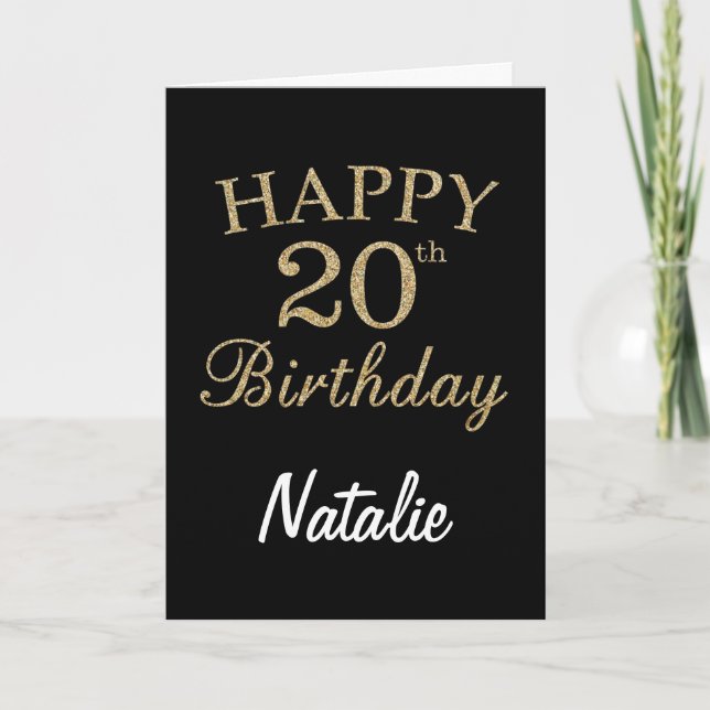 Black and Gold Glitter 20th Birthday Card (Front)