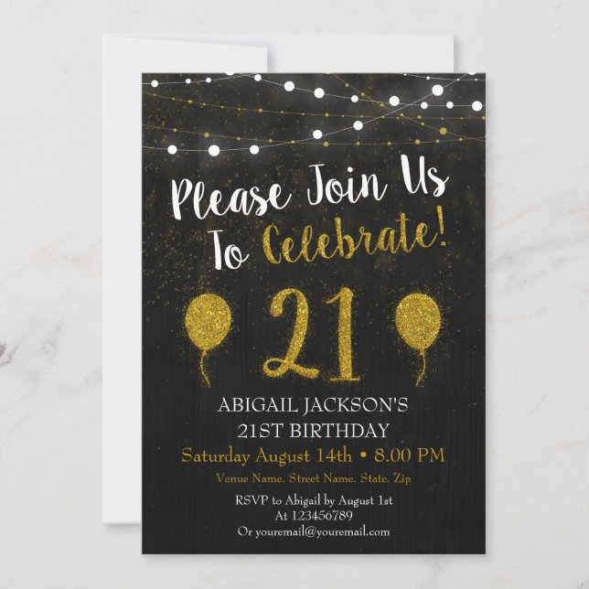 Black And Gold Glitter 21st Birthday Invitation (Front)