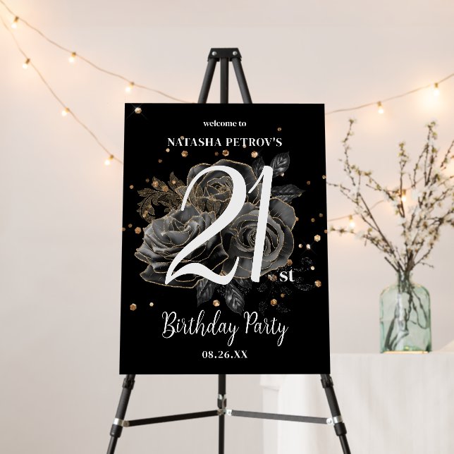 Black and Gold Glitter 21st Birthday Party Foam Board (In Situ (Stand))