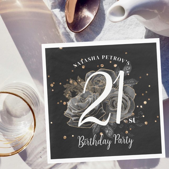 Black and Gold Glitter 21st Birthday Party Napkins (Creator Uploaded)