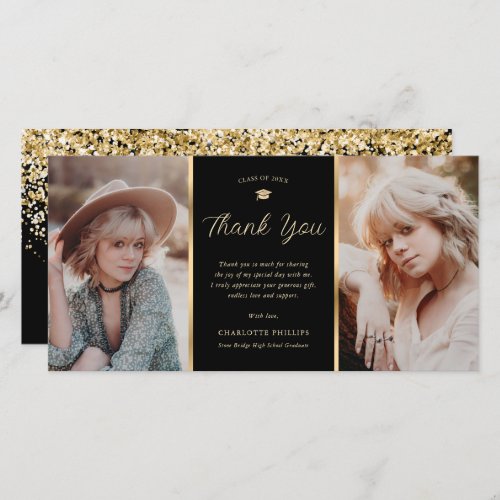 Black and Gold Glitter 2 Photo Graduation Thank You Card
