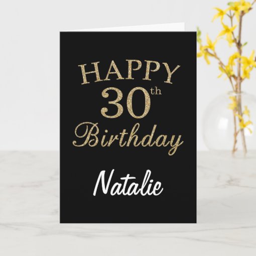 Black and Gold Glitter 30th Birthday Card | Zazzle