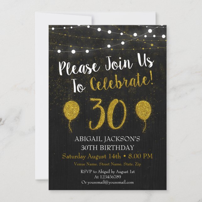 Black And Gold Glitter 30th Birthday Invitation (Front)