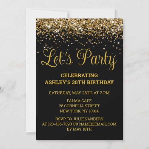 Black and Gold Glitter 30th Birthday Lets Party Invitation