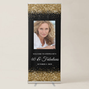 Black and Gold Glitter 40 & Fabulous Welcome Retractable Banner