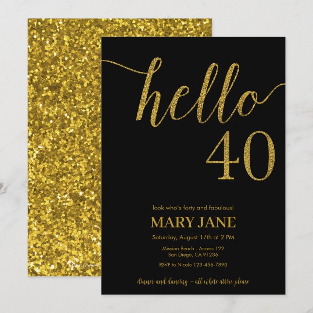 Black and Gold Glitter 40th Birthday Invitation (Front/Back)