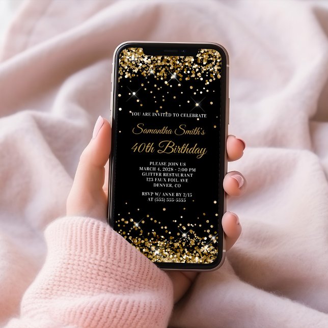Black and Gold Glitter 40th Birthday Invitation (Black and Gold Glitter 40th Birthday Invitation)