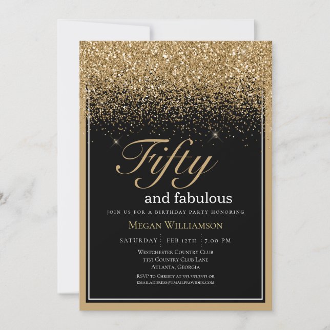 Black and Gold Glitter 50 and Fabulous Birthday  Invitation (Front)