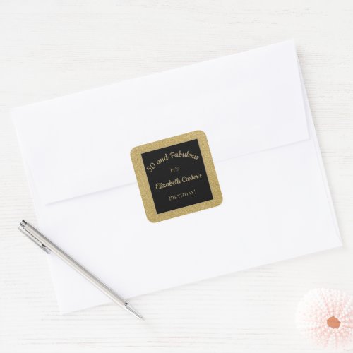Black and Gold Glitter 50 and Fabulous Birthday  Square Sticker