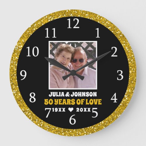 Black And Gold Glitter 50th Anniversary Photo Large Clock