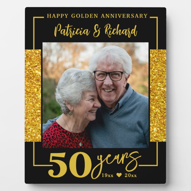 Black And Gold Glitter 50th Anniversary Photo   Plaque (Front)
