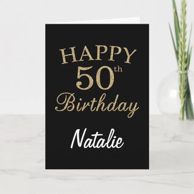 Black and Gold Glitter 50th Birthday Card | Zazzle