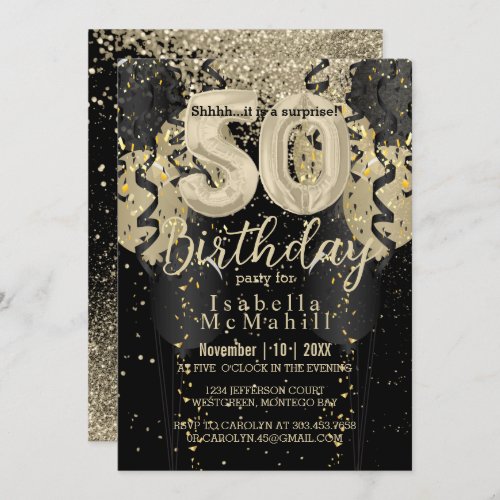 Black and Gold Glitter 50th Birthday Invitation