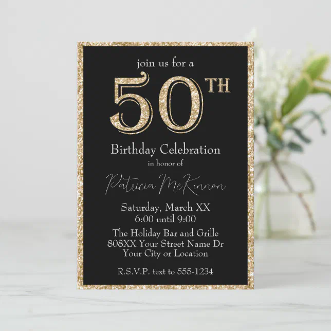 Black And Gold Glitter 50th Birthday Invitation Zazzle 3108