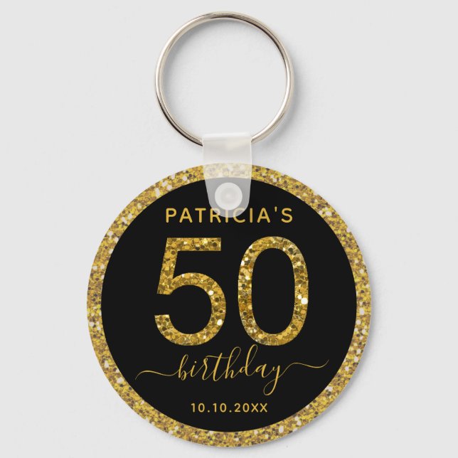 Black And Gold Glitter 50th Birthday Party Favor Keychain (Front)
