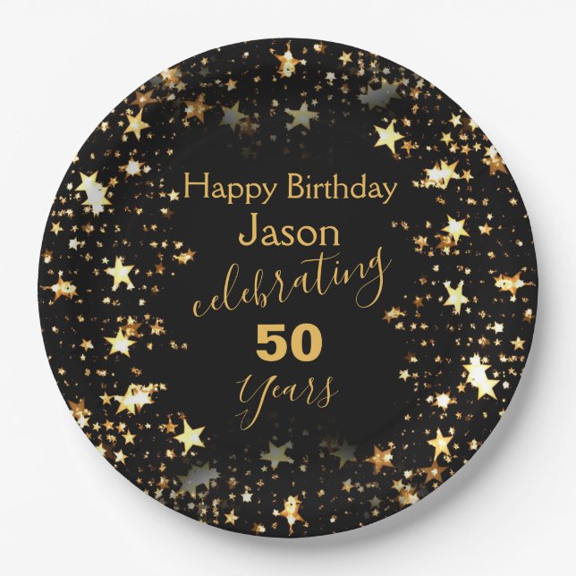 Black and Gold Glitter 50th Birthday Party Paper Plates (Front)