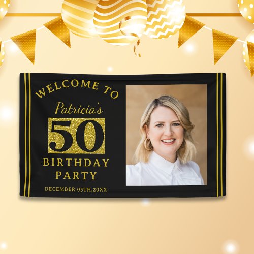 Black And Gold Glitter 50th Birthday Party Photo Banner