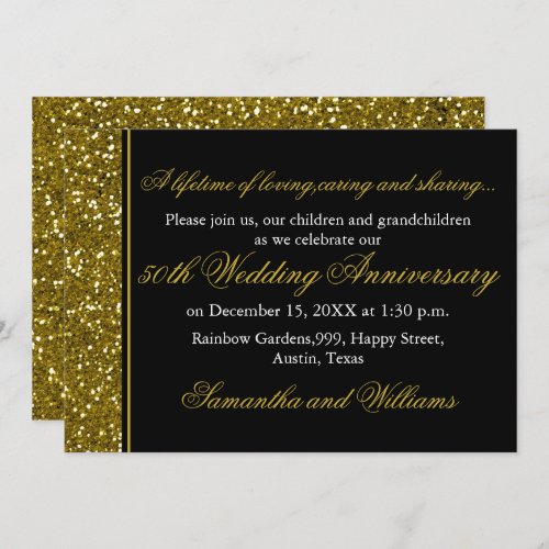 Black And Gold Glitter 50th Wedding Anniversary Invitation