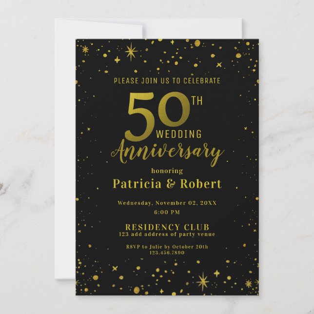 Black And Gold Glitter 50th Wedding Anniversary Invitation (Front)