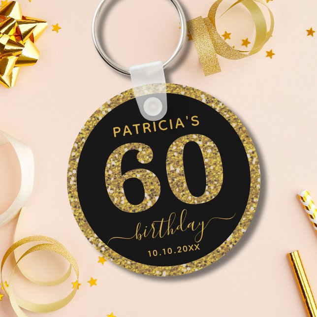 Black And Gold Glitter 60th Birthday Party Favor   Keychain (Creator Uploaded)