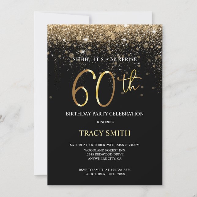 Black and Gold Glitter 60th Surprise Birthday Invi Invitation (Front)