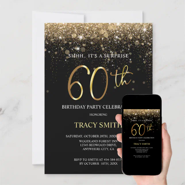 Black and Gold Glitter 60th Surprise Birthday Invi Invitation | Zazzle