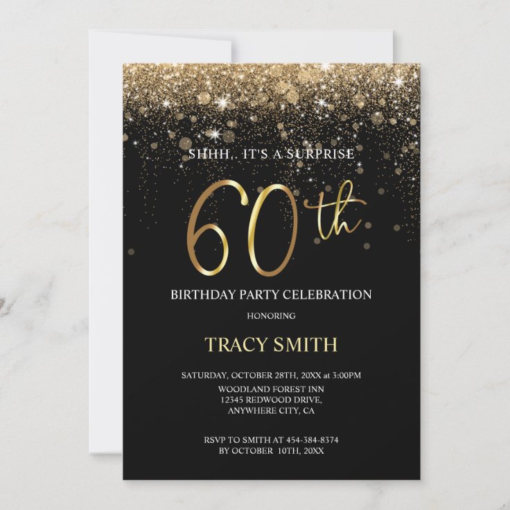 Black and Gold Glitter 60th Surprise Birthday Invi Invitation | Zazzle