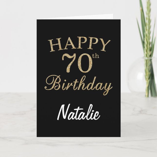 Black and Gold Glitter 70th Birthday Card (Front)