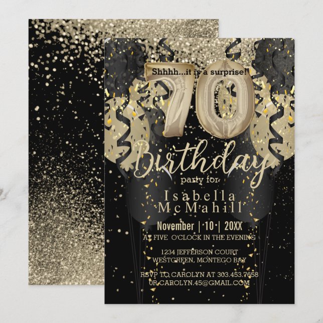 Black and Gold Glitter 70th Birthday Invitation (Front/Back)