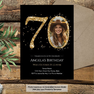 Black and Gold Glitter 70th Birthday Photo Invitation