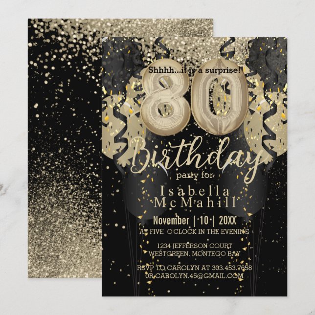 Black and Gold Glitter 80th Birthday Invitation (Front/Back)