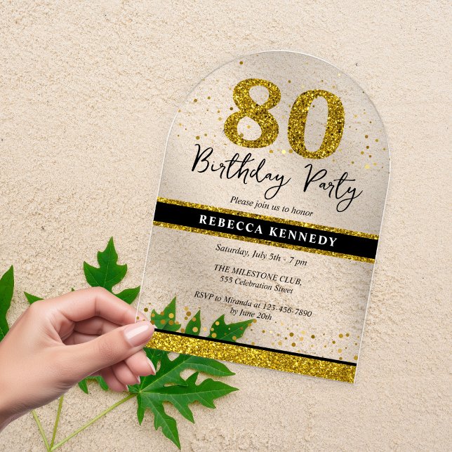 Black And Gold Glitter 80th Birthday Party Acrylic Invitations (Black And Gold Glitter 80th Birthday Party Acrylic Invitations)
