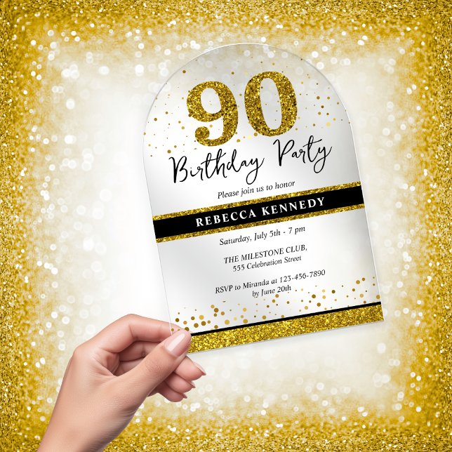 Black And Gold Glitter 90th Birthday Party Acrylic Invitations (Black And Gold Glitter 90th Birthday Party Acrylic Invitations)