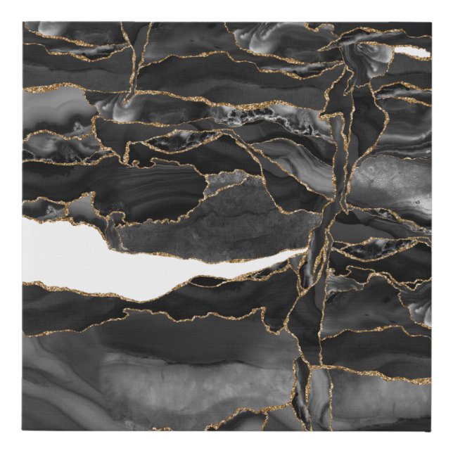 Black and Gold Glitter Agate Faux Canvas Print (Front)